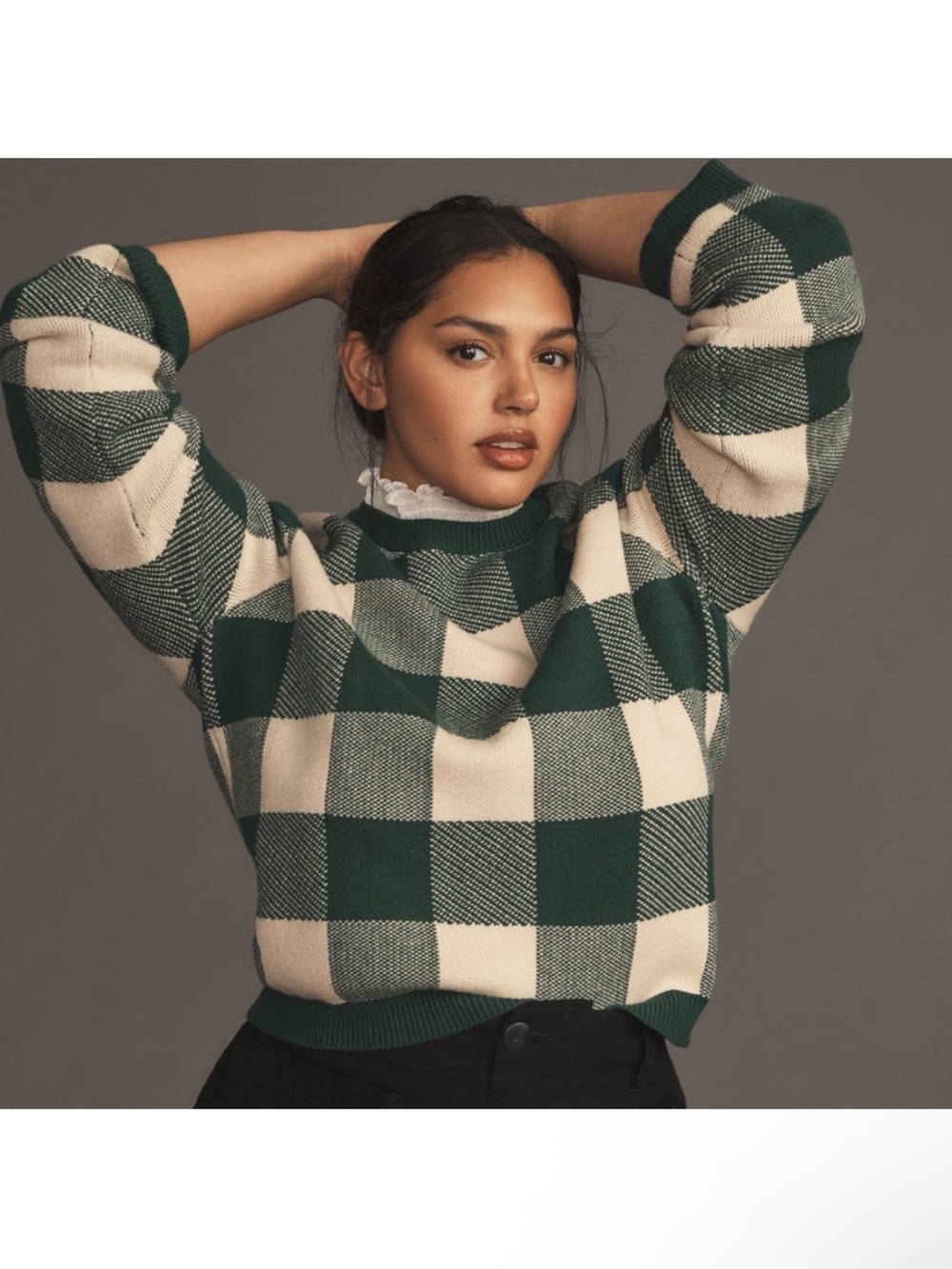 Anthropologie Plaid Ruffle Collar Pullover Sweater Green Cream Buffalo Size XL